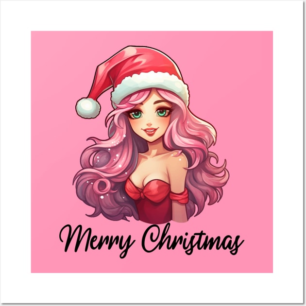 Pink Haired Girl - Merry Christmas (Black Lettering) Wall Art by VelvetRoom